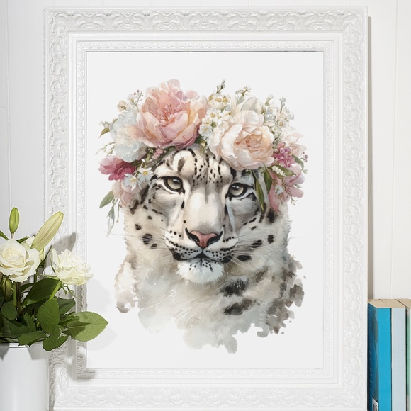 Watercolor Snow Leopard Portrait Wall Art Print, Unframed - Majestic Wilderness - Picture 7 of 7